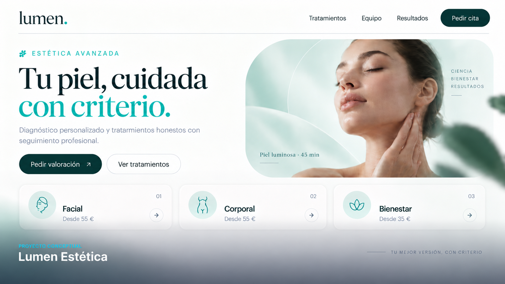 Página web conceptual de Lumen Estética